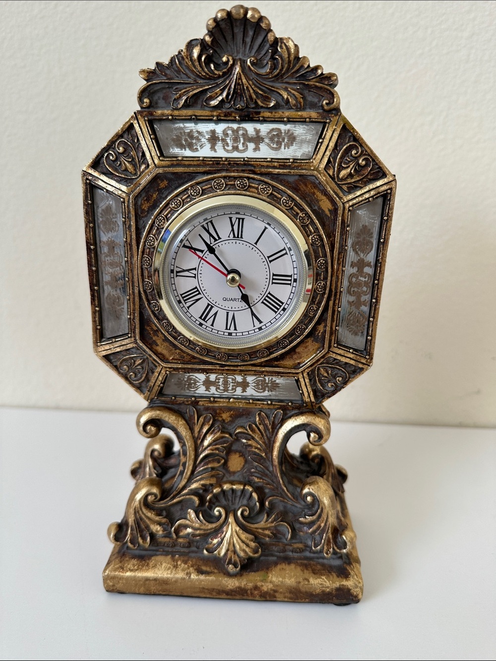 Ornate Gold Decorative Mantel Clock with Roman Dial Mirror Details